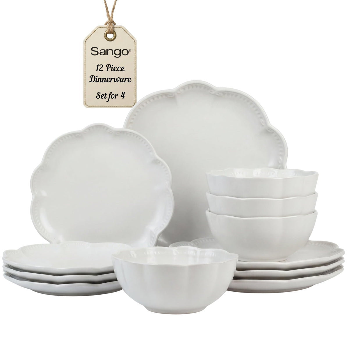 12 Pieces Scalloped White Plates & Bowls Set Q381001