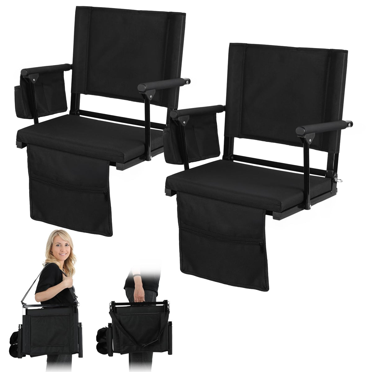 2 Pcs Black Stadium Seats with Back Support and Cushion E663
