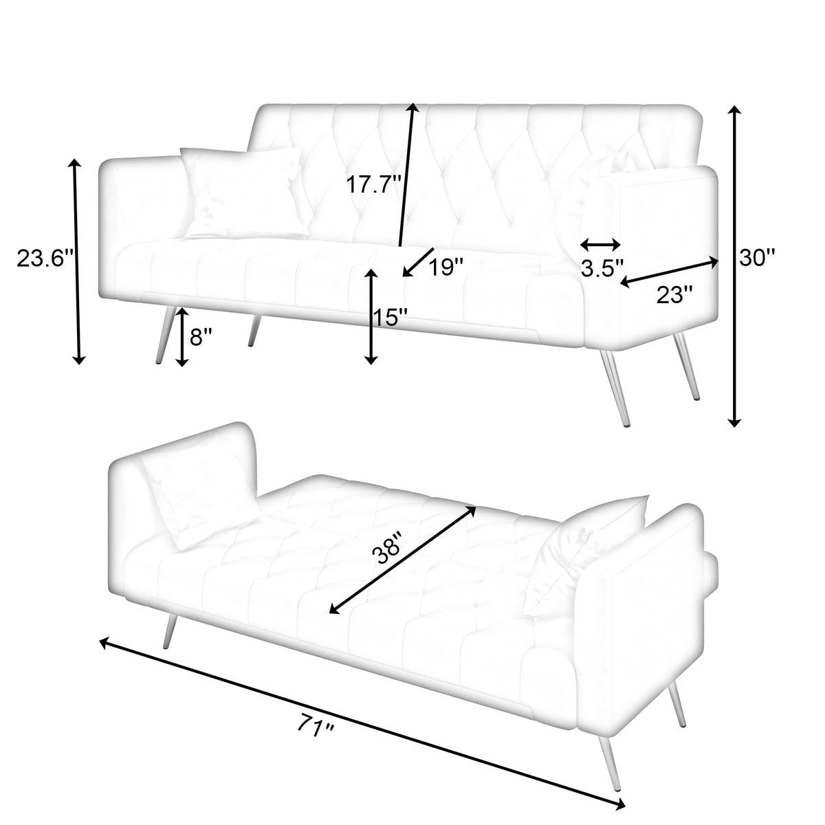 71" Velvet Futon Sofa Bed with 2 Pillows R953681