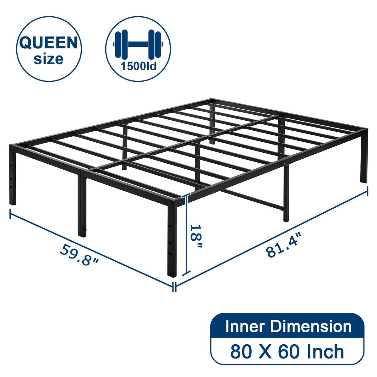 Queen Size Black Metal Bed Frame with Steel Slats H483104