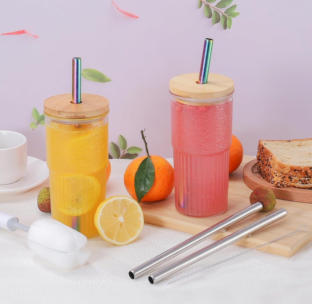 22oz Glass Cups Set with Bamboo Lids and Straws F5947