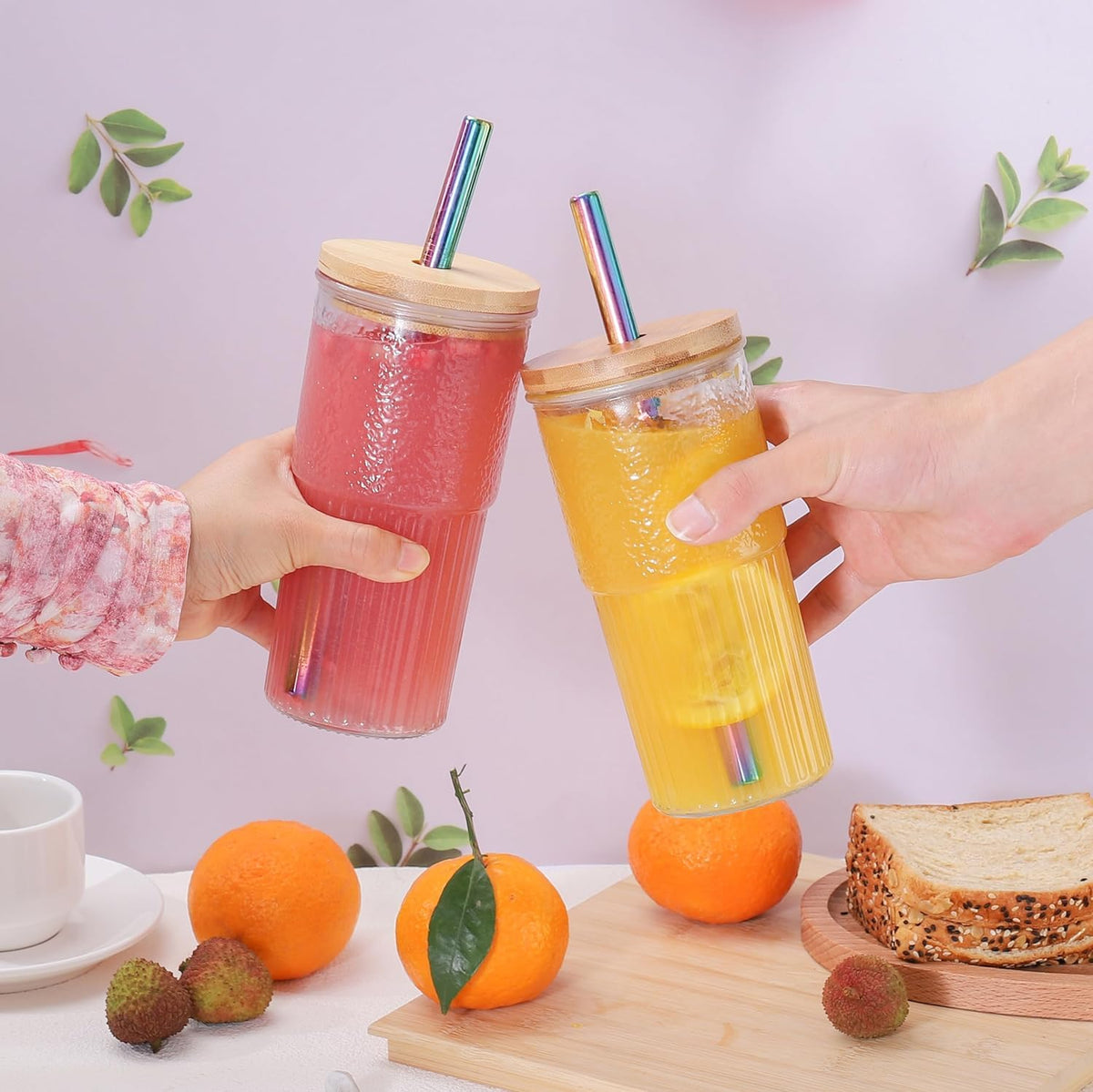22oz Glass Cups Set with Bamboo Lids and Straws F5947