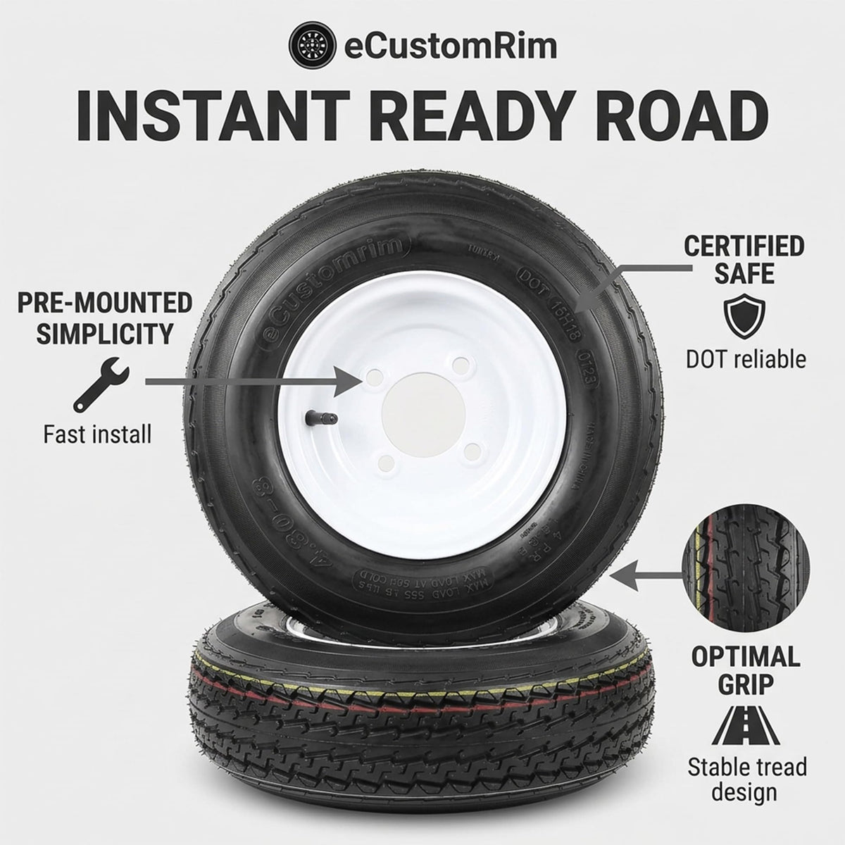 2-Pack Trailer Tire Rim Assembly 4.80-8 4 Lug White O332213