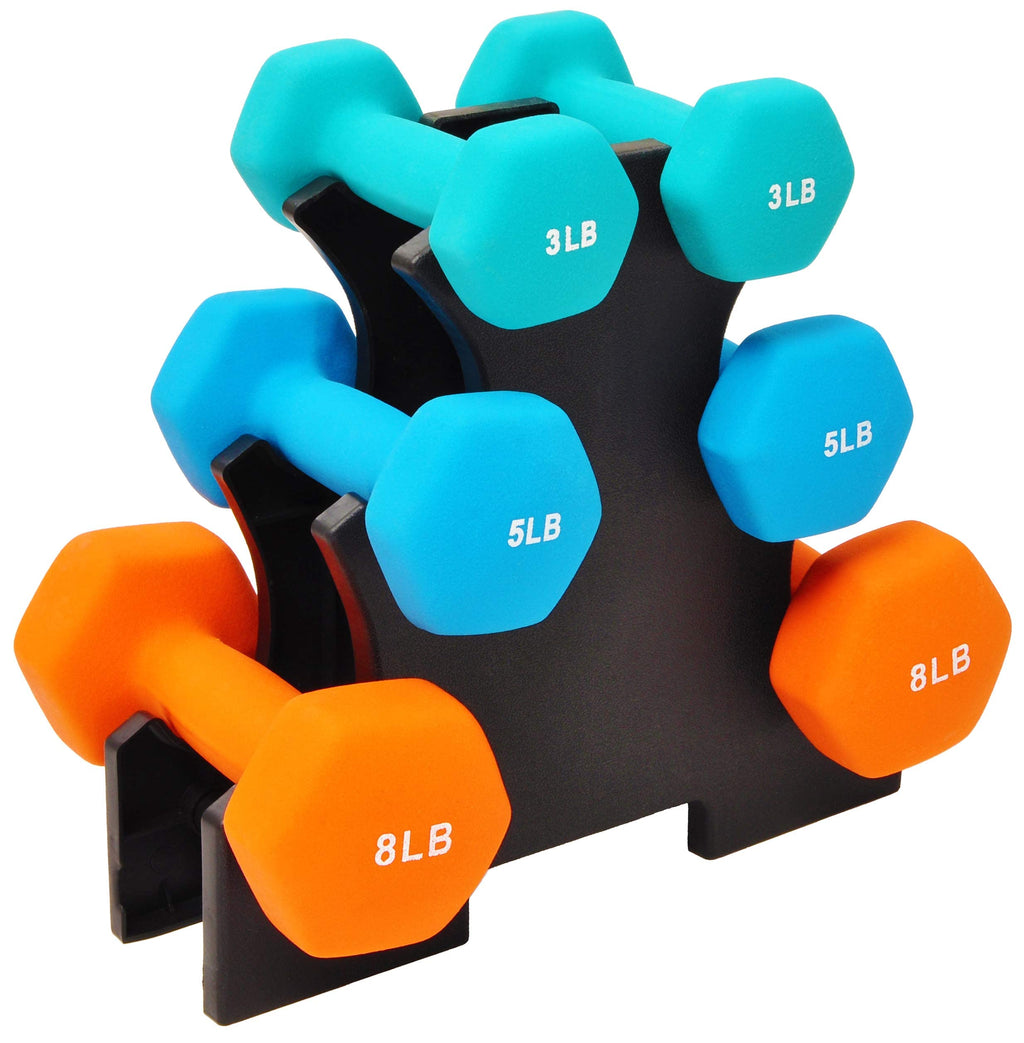 Colored Neoprene Coated Dumbbell Set with Stand, Set of 6 B356