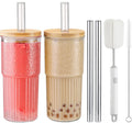 22oz Glass Cups Set with Bamboo Lids and Straws F5947