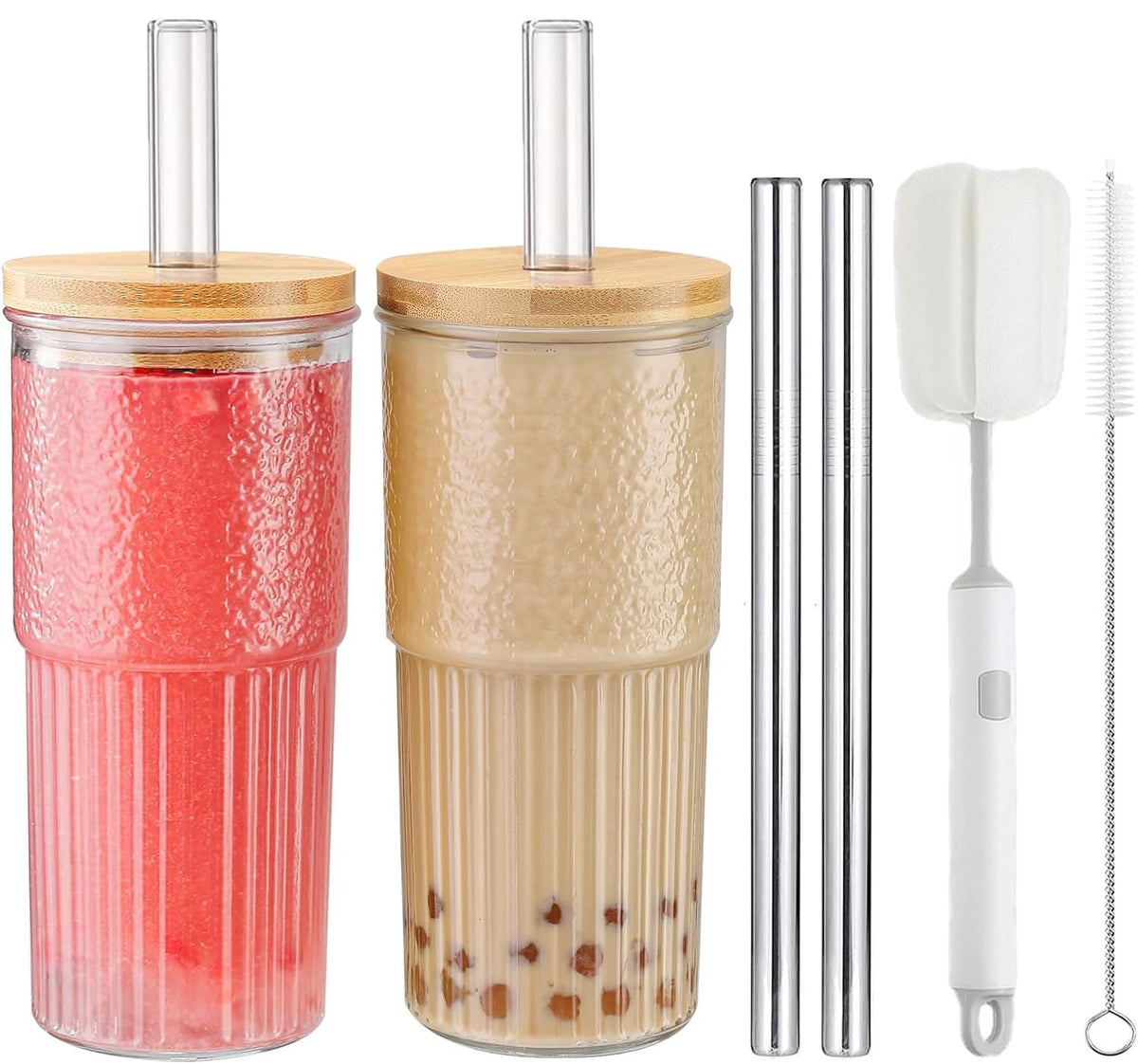 22oz Glass Cups Set with Bamboo Lids and Straws F5947