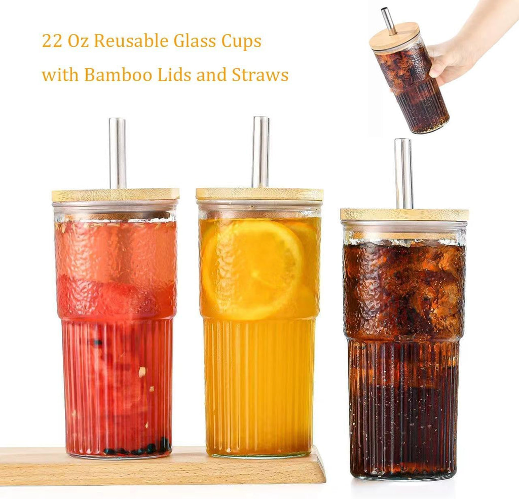 22oz Glass Cups Set with Bamboo Lids and Straws F5947