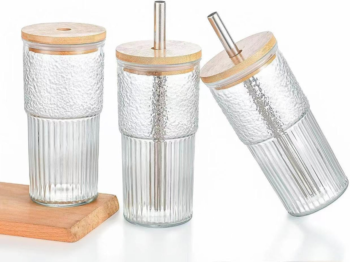 22oz Glass Cups Set with Bamboo Lids and Straws F5947