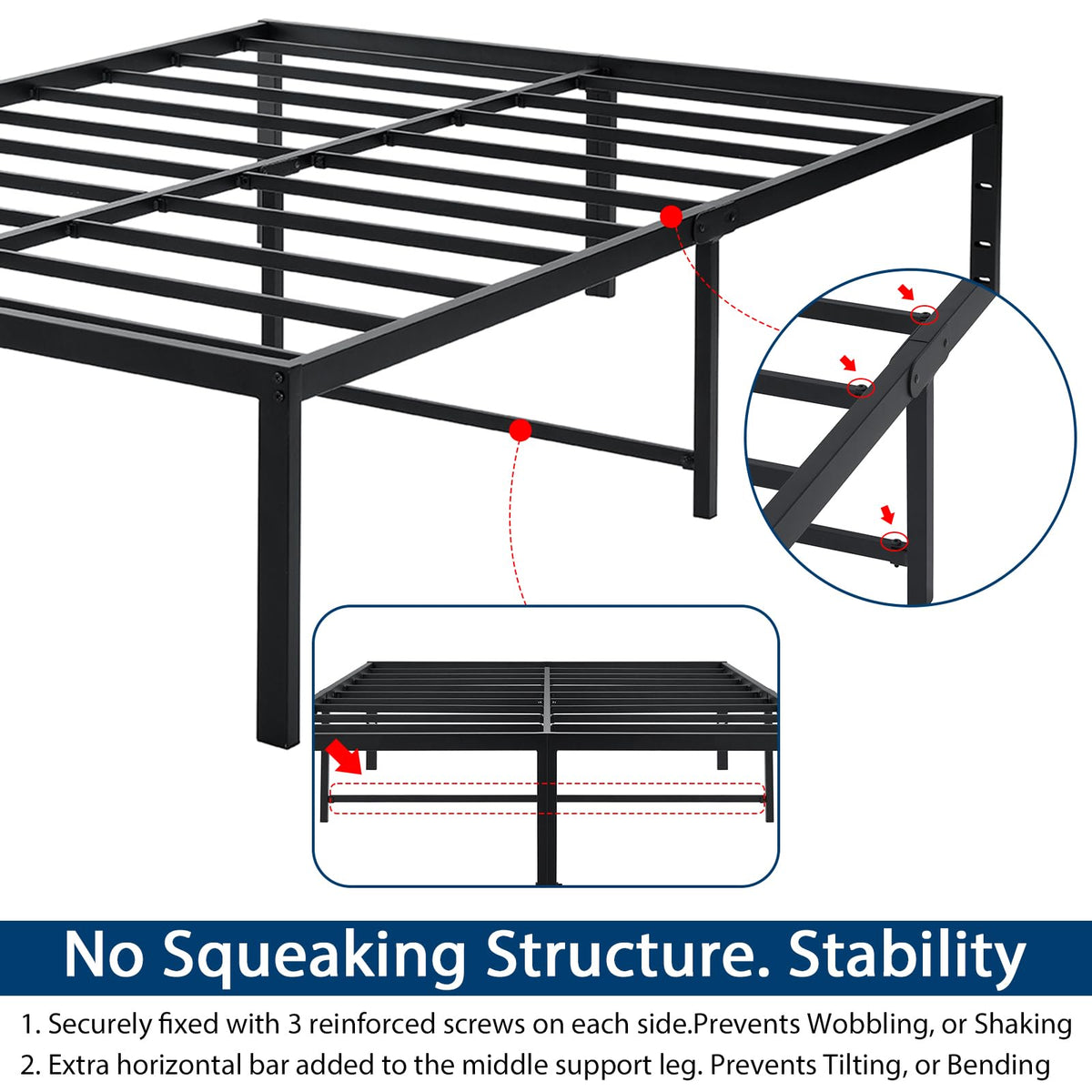 Queen Size Black Metal Bed Frame with Steel Slats H483104
