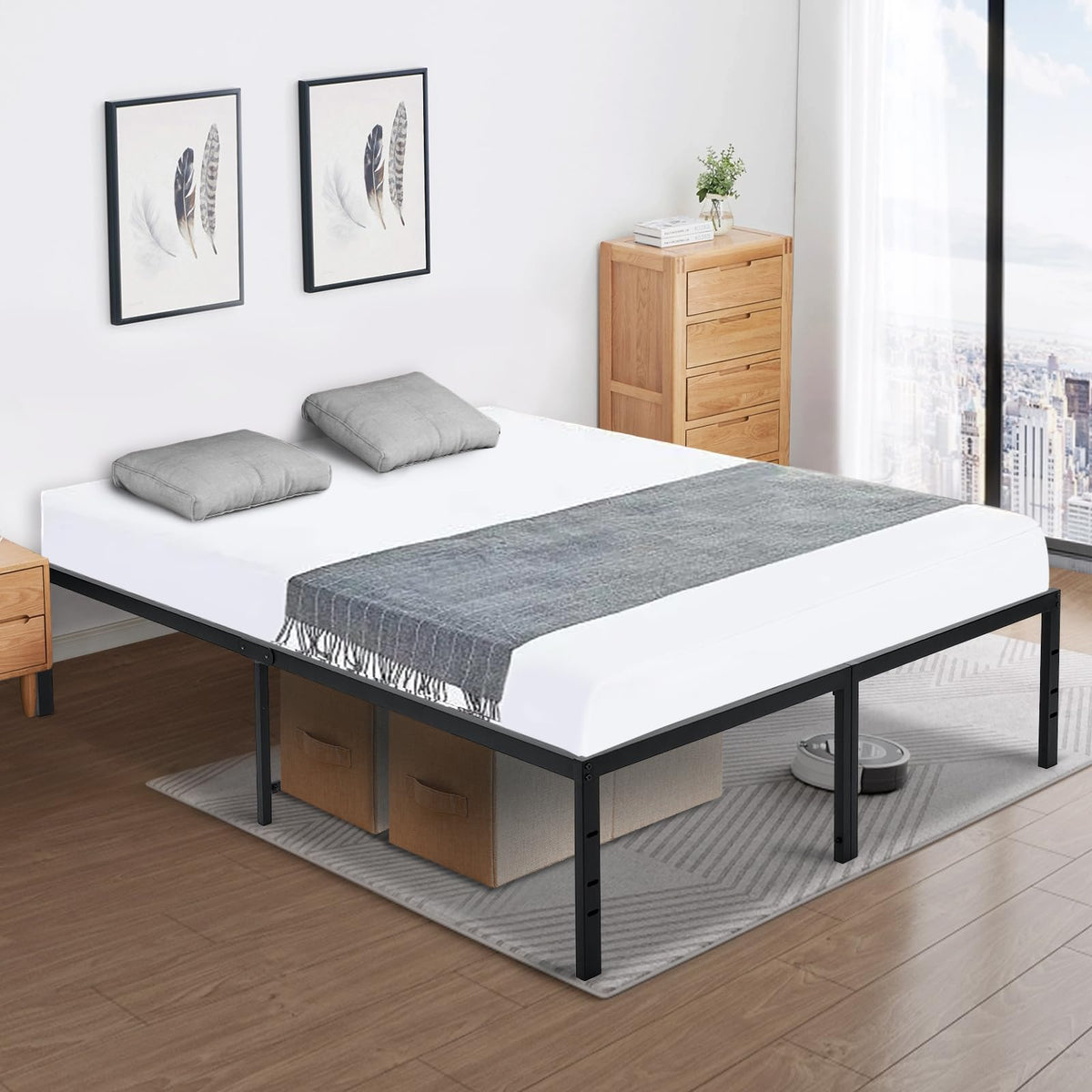 Queen Size Black Metal Bed Frame with Steel Slats H483104
