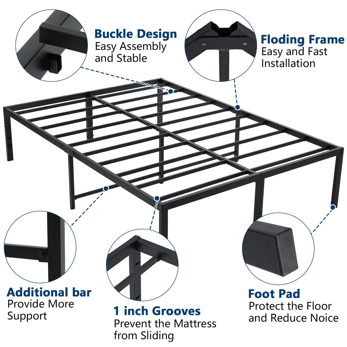 Queen Size Black Metal Bed Frame with Steel Slats H483104