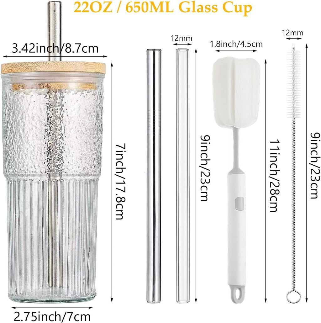 22oz Glass Cups Set with Bamboo Lids and Straws F5947