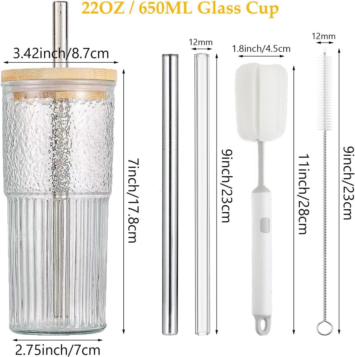22oz Glass Cups Set with Bamboo Lids and Straws F5947