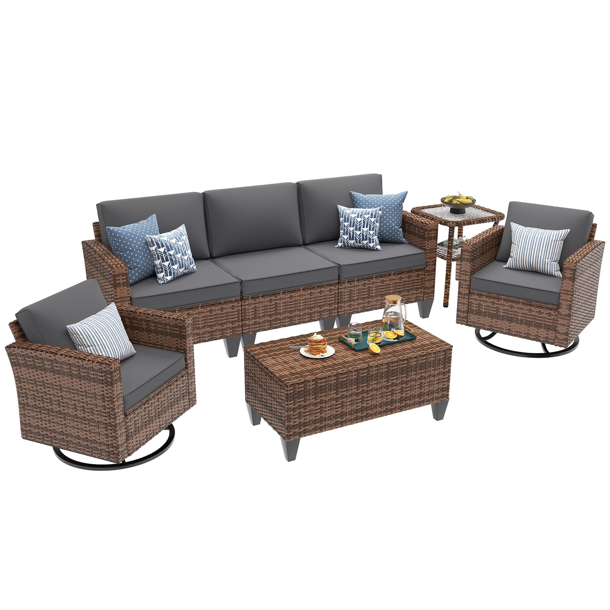 5 Pieces Wicker Rattan Patio Furniture Set with Storage Table O992715