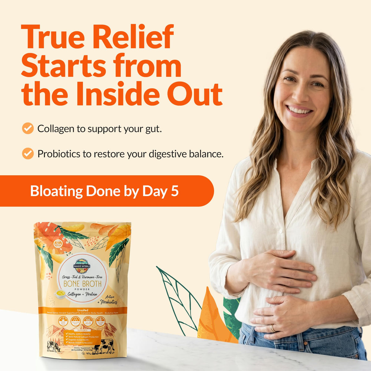 100% Grass-Fed Beef Bone Broth Powder with Probiotics Collagen 15g Protein I952416