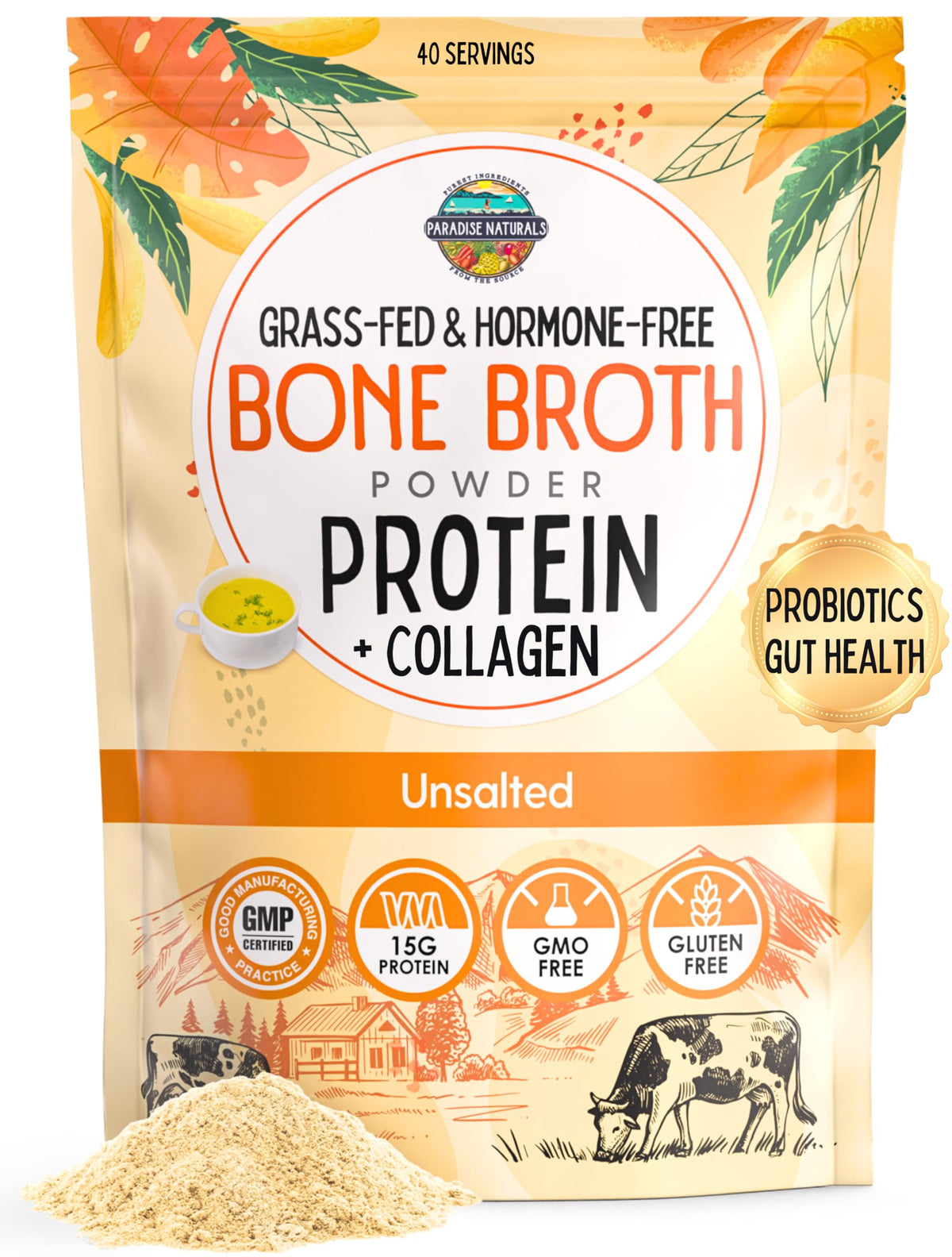 100% Grass-Fed Beef Bone Broth Powder with Probiotics Collagen 15g Protein I952416