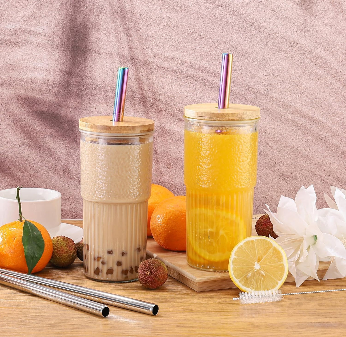 22oz Glass Cups Set with Bamboo Lids and Straws F5947