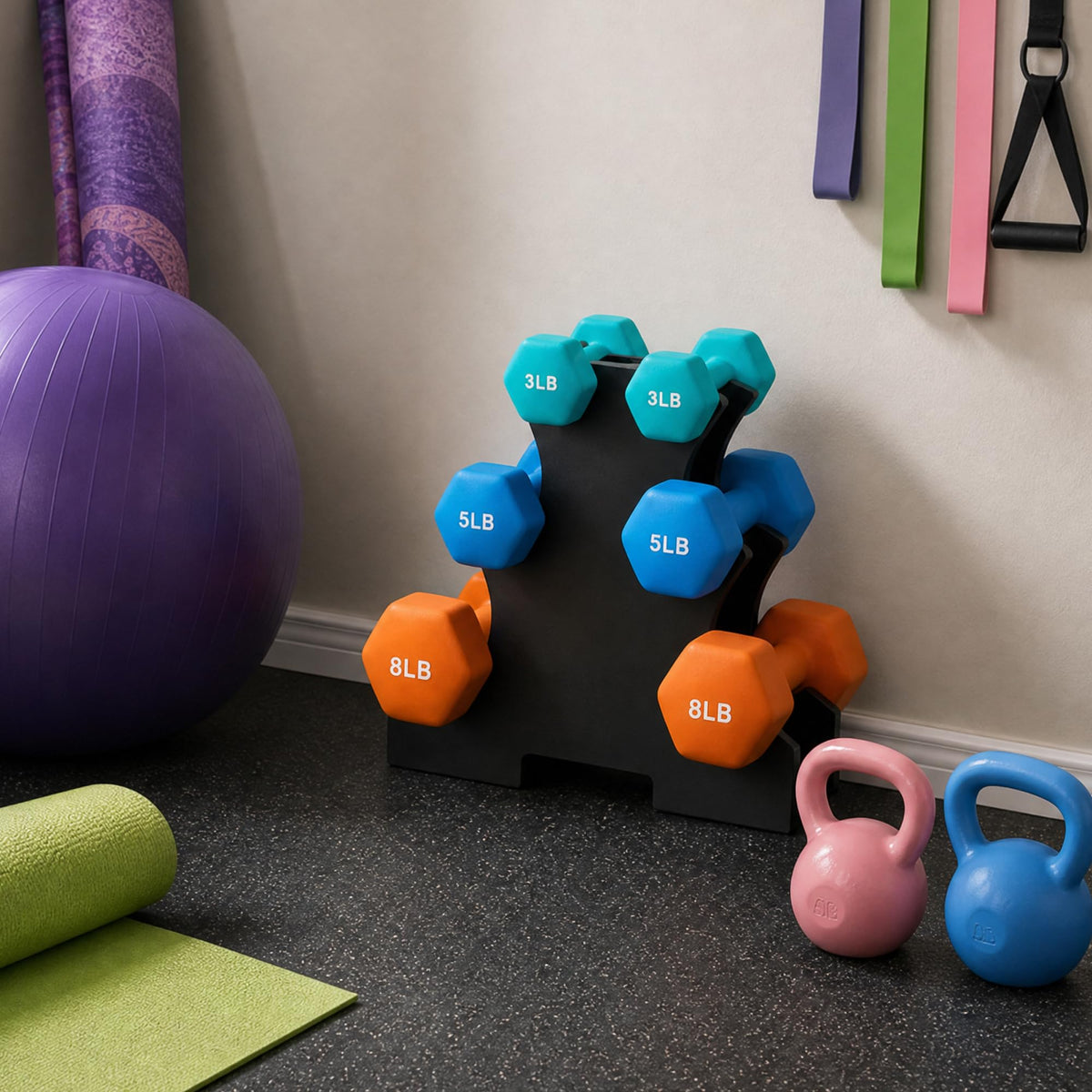 Colored Neoprene Coated Dumbbell Set with Stand, Set of 6 B356