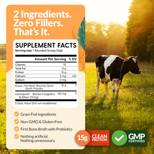 100% Grass-Fed Beef Bone Broth Powder with Probiotics Collagen 15g Protein I952416