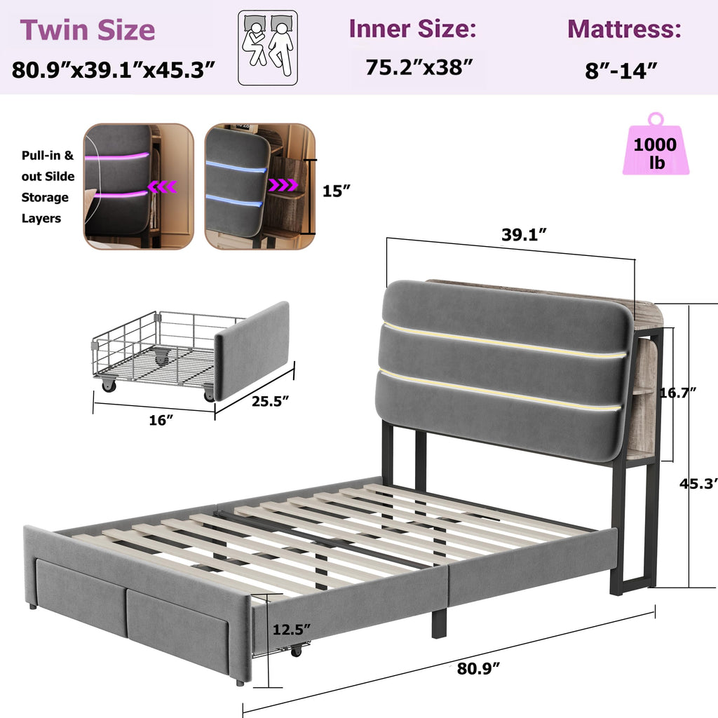 Twin Size Bed Frame with Drawer and Storage Headboard O741518