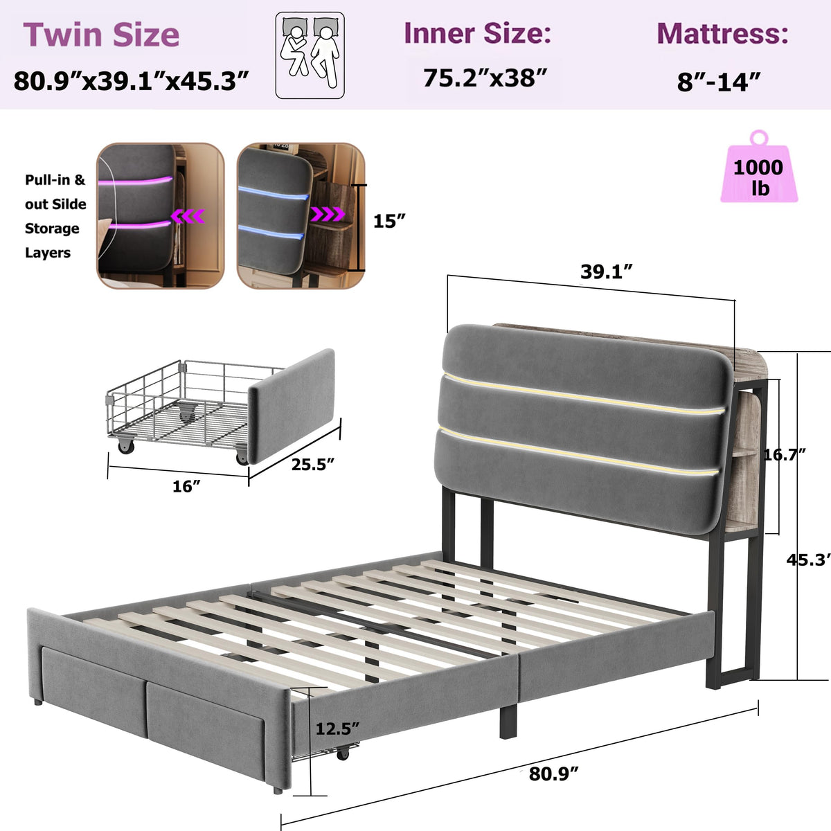 Twin Size Bed Frame with Drawer and Storage Headboard O741518