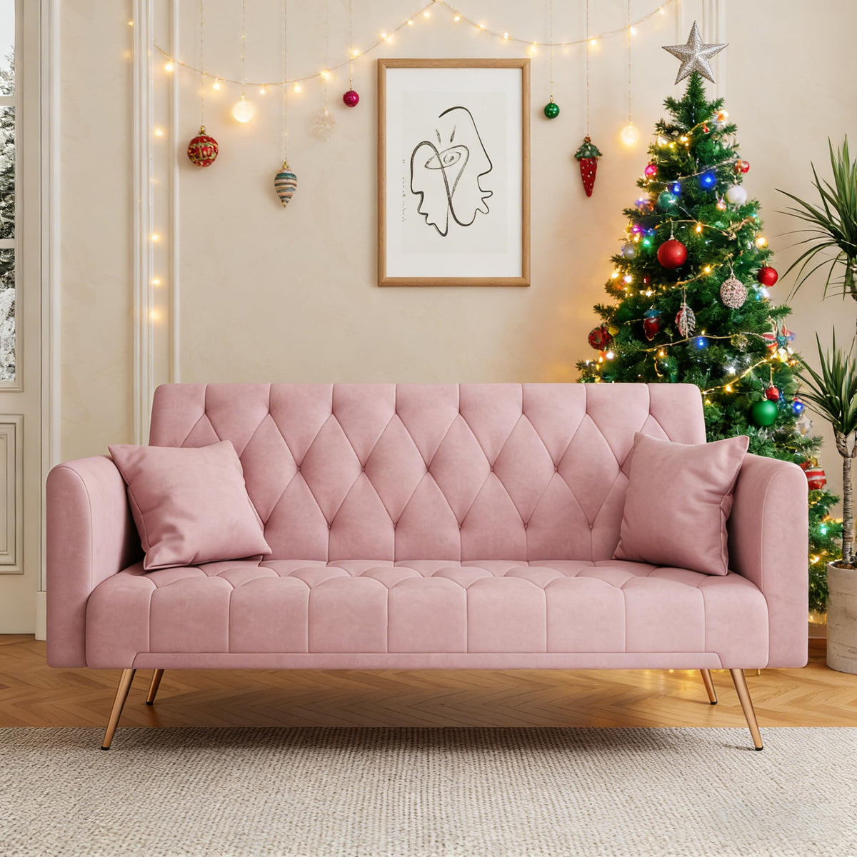 71" Velvet Futon Sofa Bed with 2 Pillows R953681