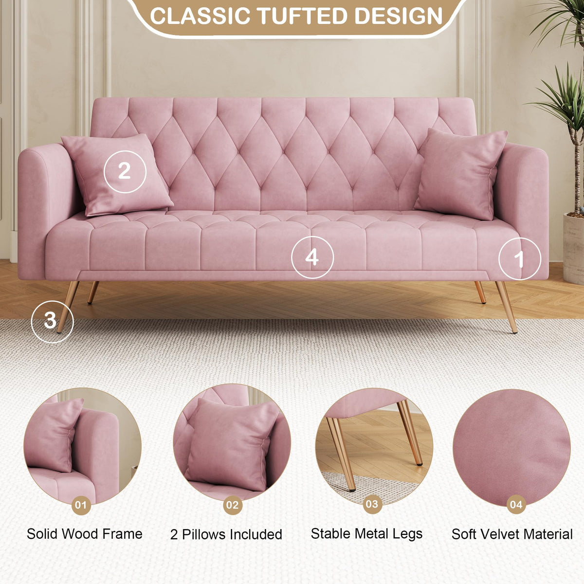 71" Velvet Futon Sofa Bed with 2 Pillows R953681