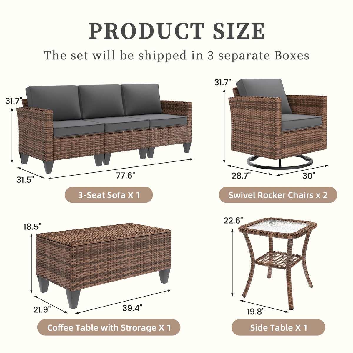 5 Pieces Wicker Rattan Patio Furniture Set with Storage Table O992715