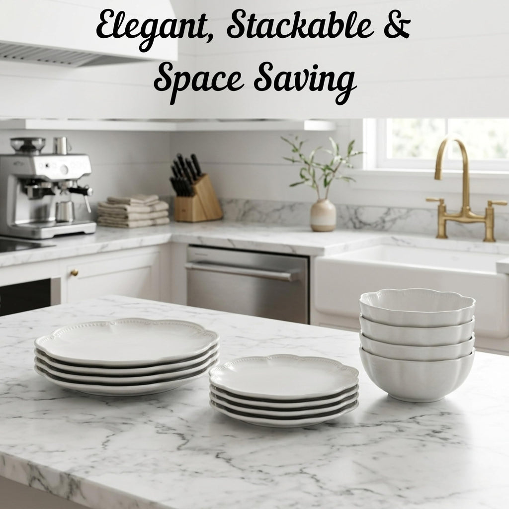 12 Pieces Scalloped White Plates & Bowls Set Q381001