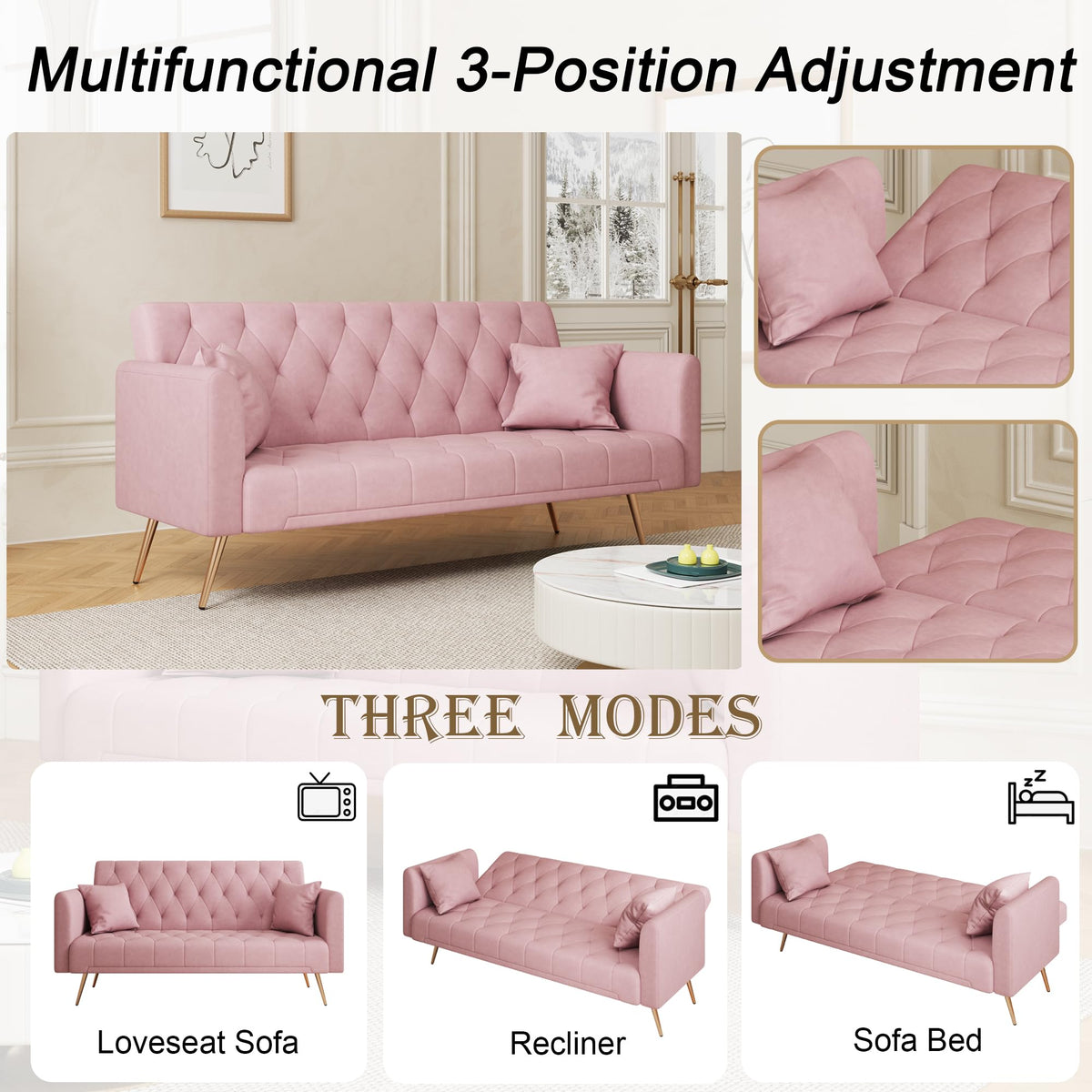 71" Velvet Futon Sofa Bed with 2 Pillows R953681