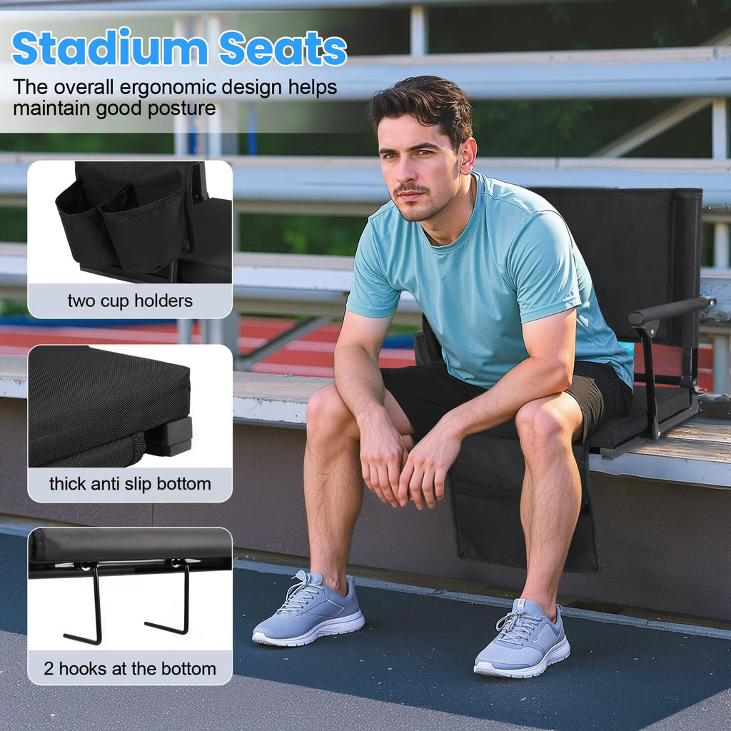 2 Pcs Black Stadium Seats with Back Support and Cushion E663