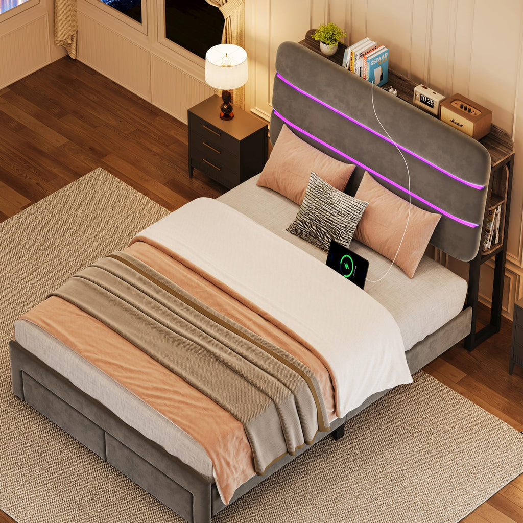 Twin Size Bed Frame with Drawer and Storage Headboard O741518