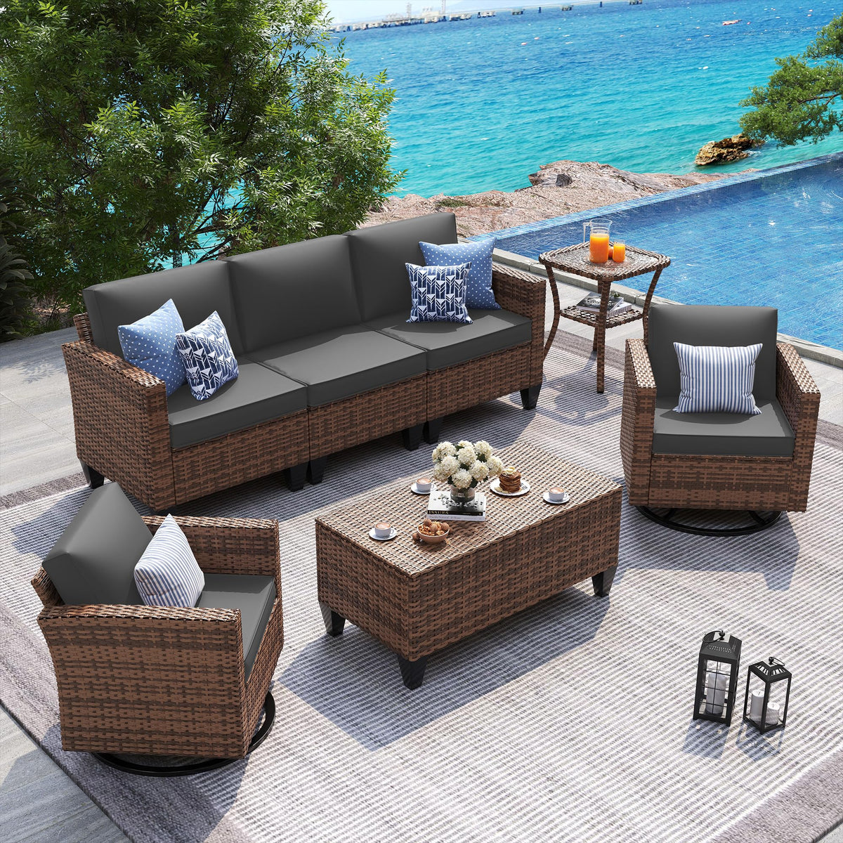 5 Pieces Wicker Rattan Patio Furniture Set with Storage Table O992715
