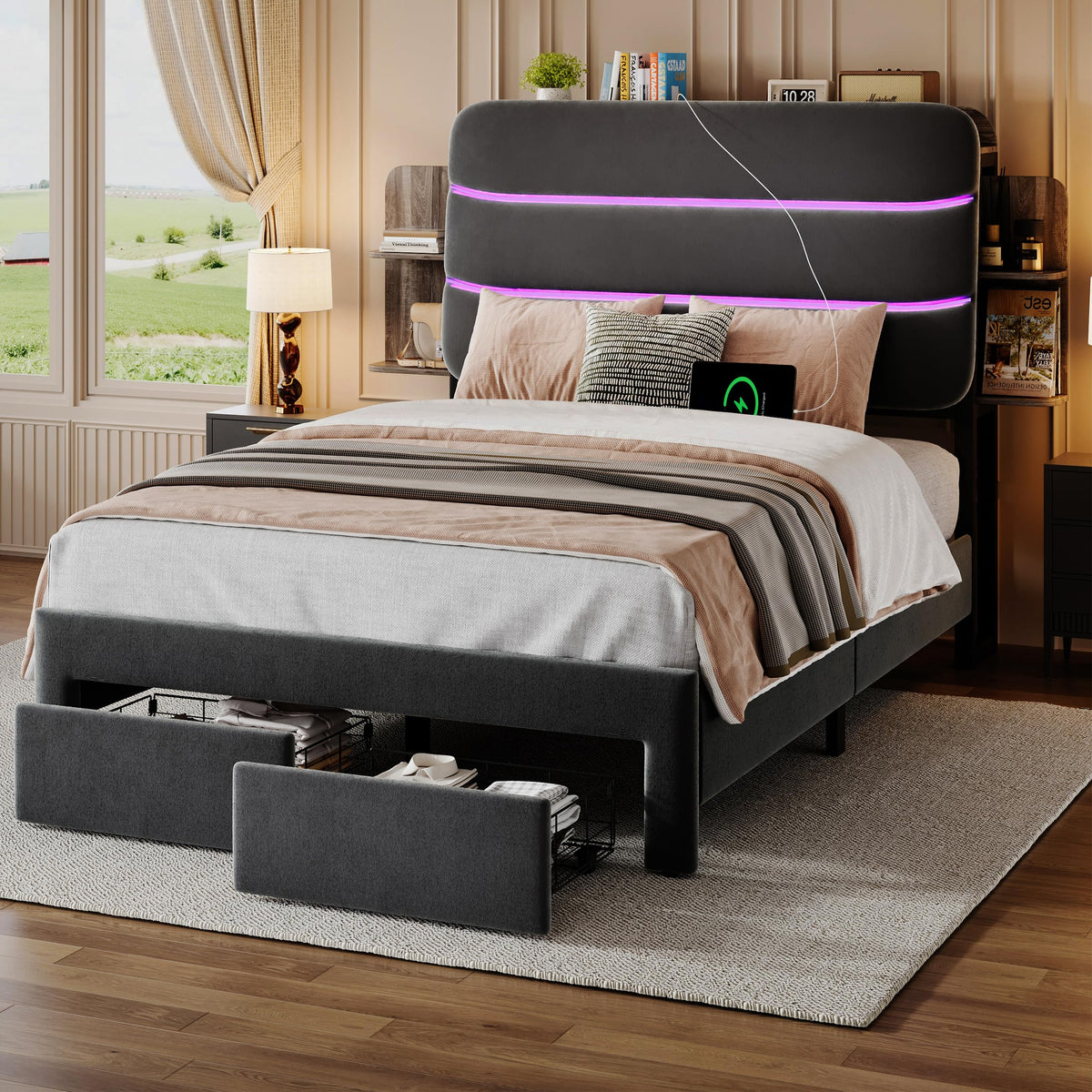 Twin Size Bed Frame with Drawer and Storage Headboard O741518