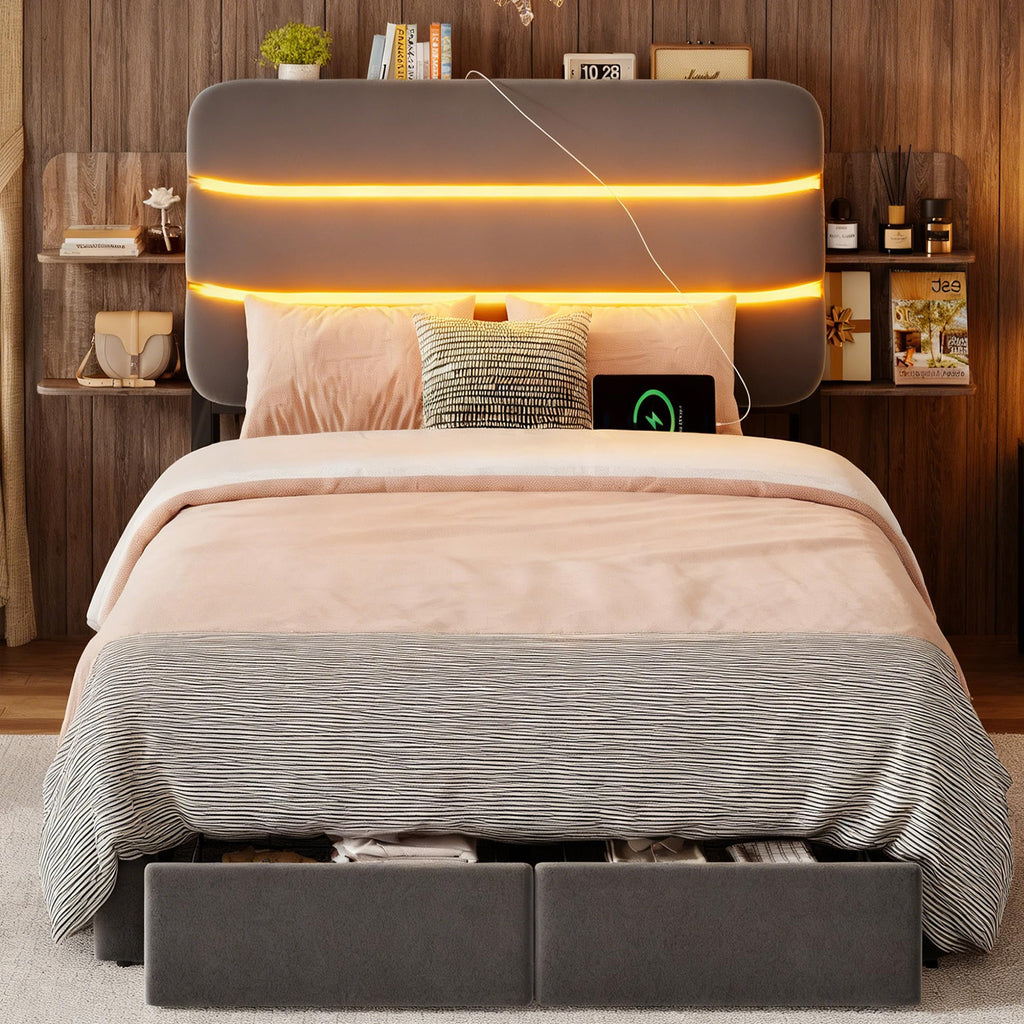Twin Size Bed Frame with Drawer and Storage Headboard O741518