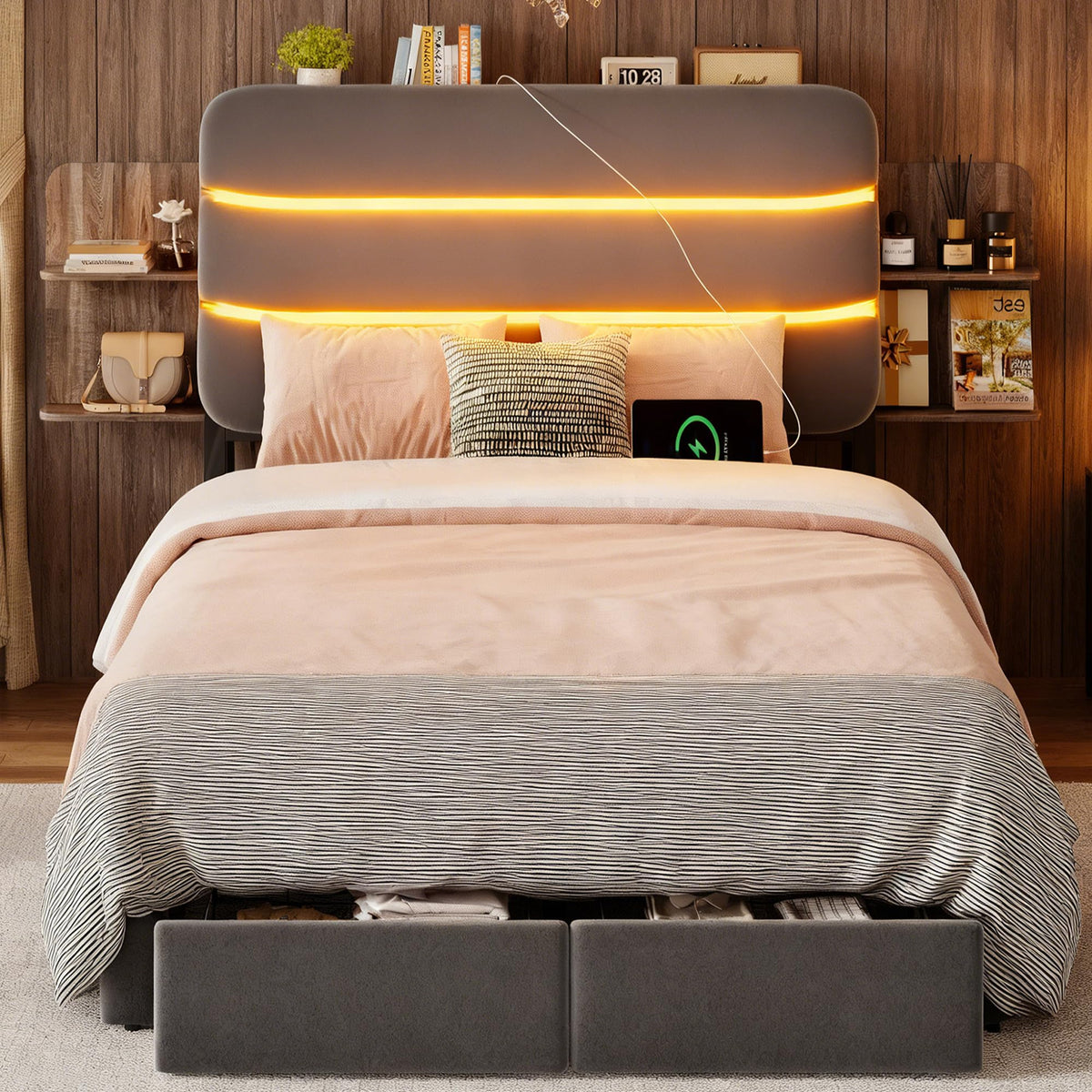Twin Size Bed Frame with Drawer and Storage Headboard O741518