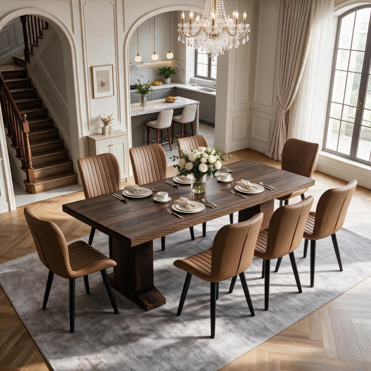 63-94.5 Inch Extendable Dining Table Set with 8 Brown Chairs P492384