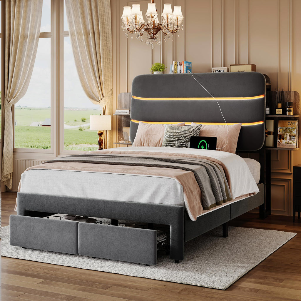 Twin Size Bed Frame with Drawer and Storage Headboard O741518
